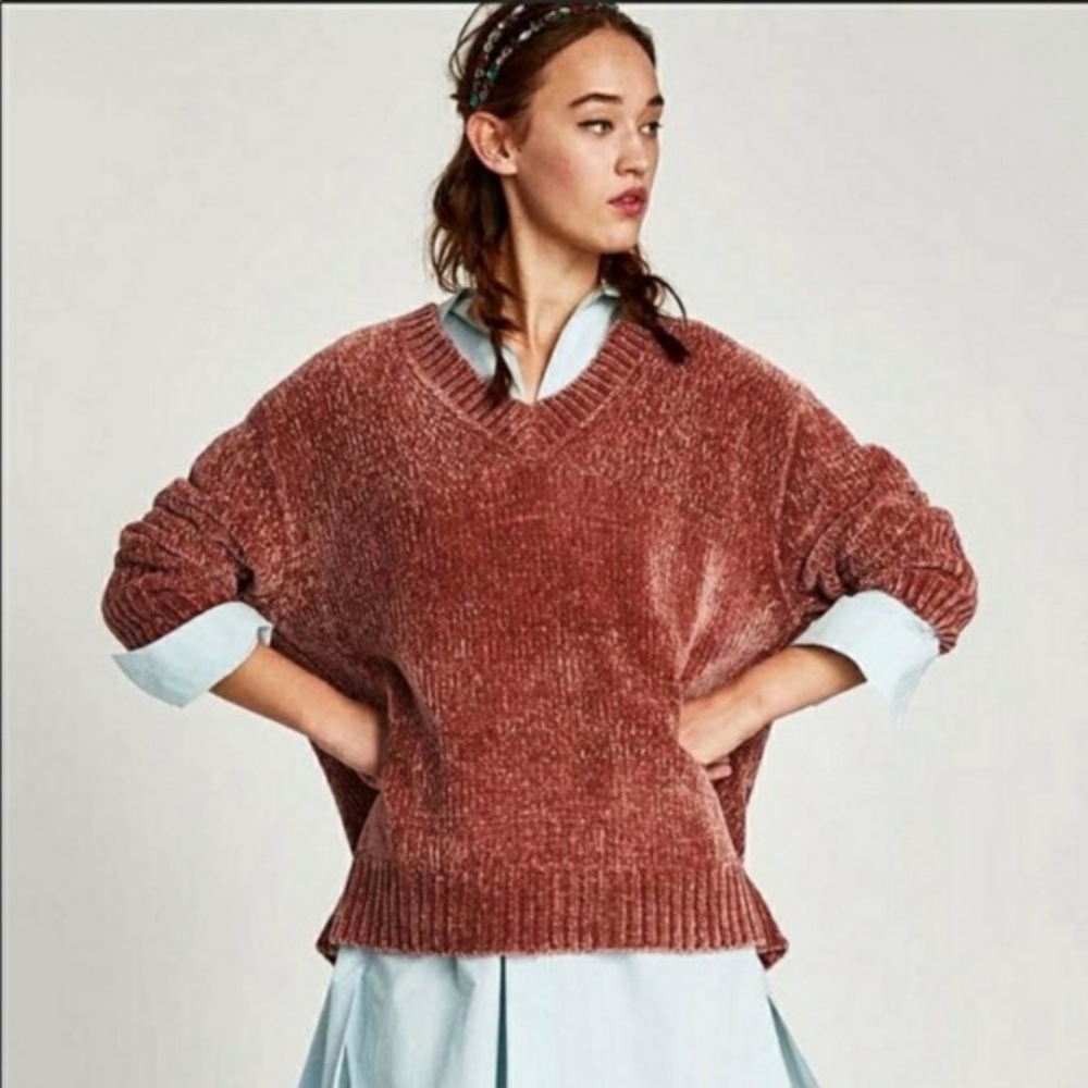 Zara Chenille Chunky Oversized V-Neck Sweater S
